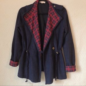 navy and red plaid jacket